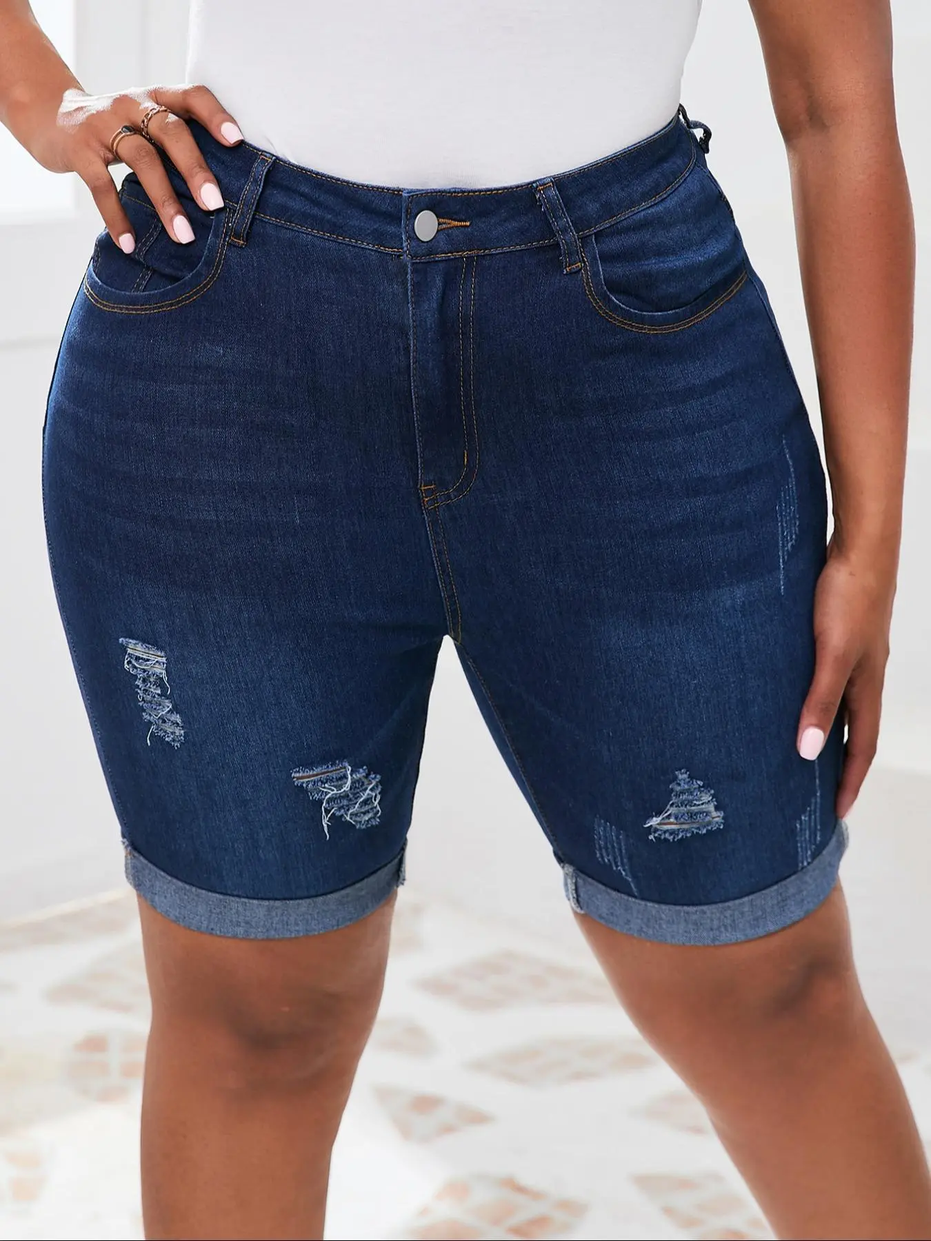 Plus Size Solid Ripped Tight Stretch High Waist Denim Shorts, Casual Pocket Button Fly Skinny Jeans Shorts, Summer Clothes