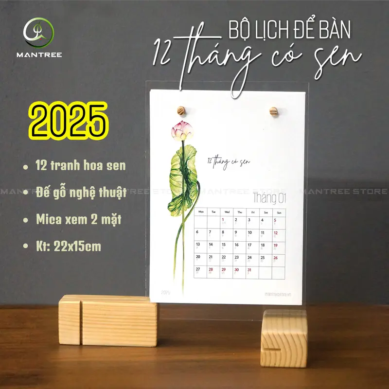 Lịch Để Bàn Nghệ Thuật 2025 Đế Gỗ Sáng Tạo - Chủ Đề 12 Tháng Có Sen 0
