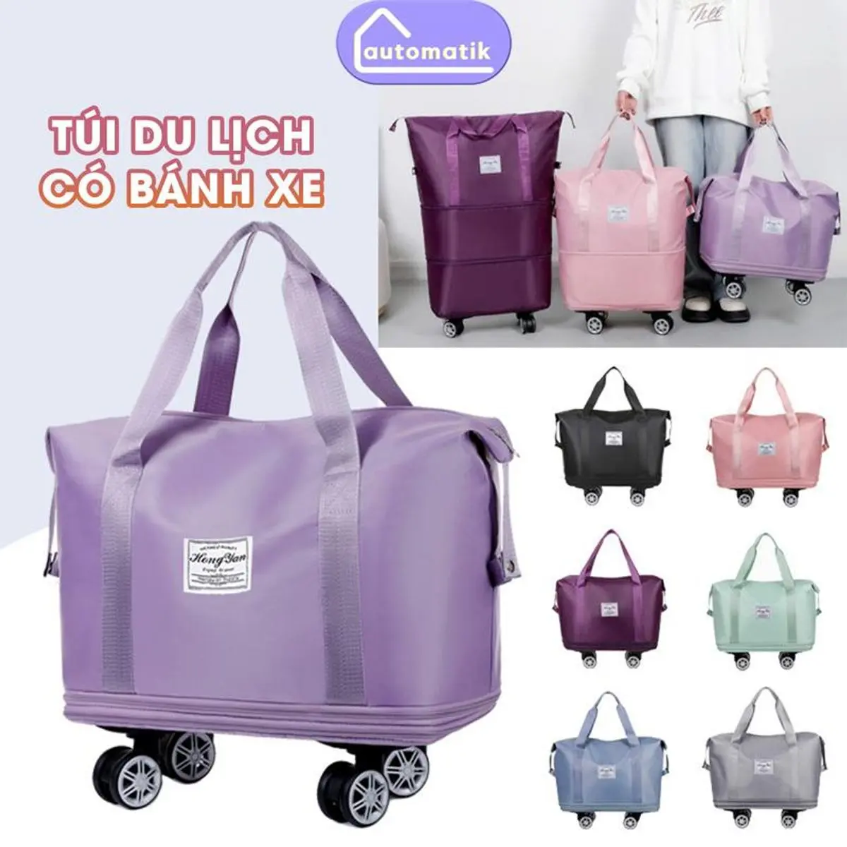 Túi Du Lịch 3 Tầng Cỡ Lớn Gấp Gọn Có Bánh Xe Automatik Đa Năng Xách Tay Chống Nước Vải Dù đựnġ Quần Áo Nhiều Ngăn Cài Vali