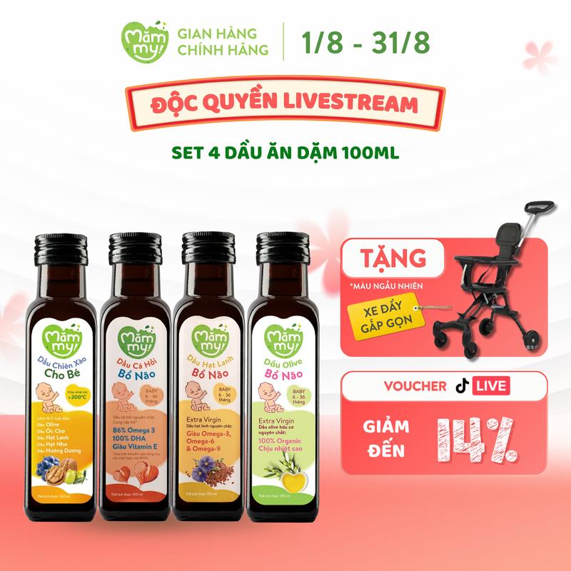 Combo 4 Chai Dầu Ăn Dặm Bổ Não MĂMMY (Cá Hồi Nauy, Hạt Lanh Trung Đông, Olive Ý, Chiên Xào) Bổ Sung DHA, Omega Giúp Cho Bé Từ 6 Tháng Phát Triển Trí Não, Chai 100ml [XDGG]