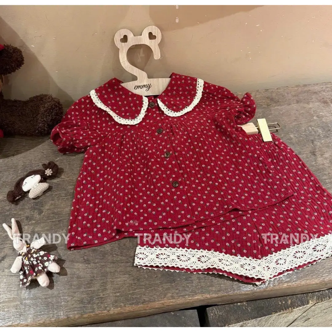 [TRANDY kids] Set Bộ cộc tay cho Bé Gái chất Đũi Hàn Hoa Nhí Đỏ cho bé 7-26kg