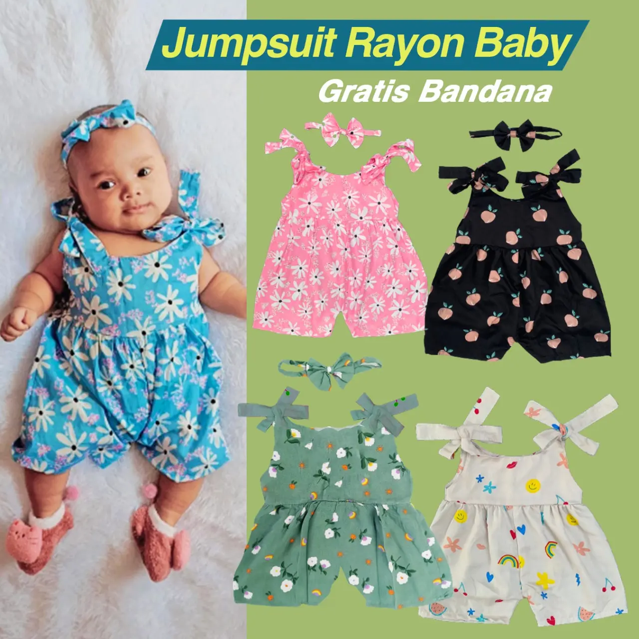 Jumpsuit Baby Newborn 0-12Bulan Free Bandana