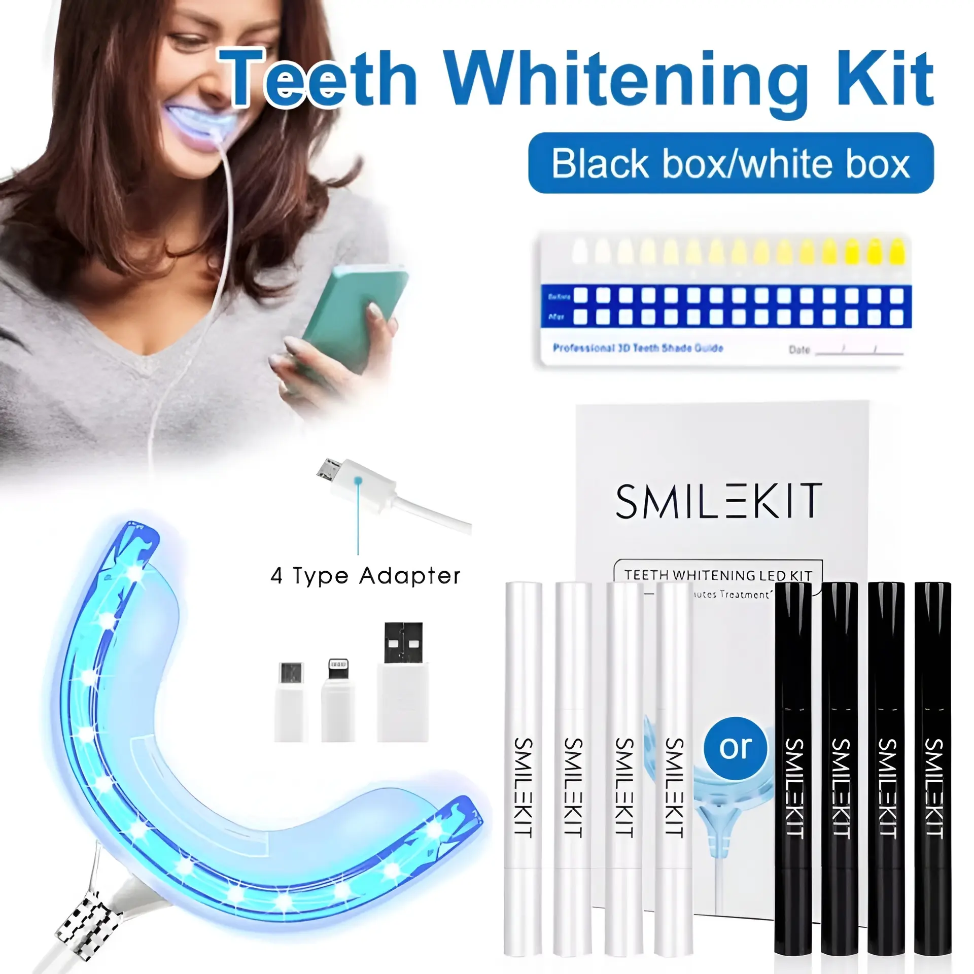 Bộ Dụng Cụ Làm Trắng Răng, Smilekit, Đèn LED An Toàn Và Sạch Sẽ, Loại Bỏ Vết Bẩn Làm Trắng, Giảm Vàng, Với 4 Gel Làm Trắng, Chăm Sóc Sức Khỏe Răng Miệng, Thích Hợp Cho Người Hôi Miệng Silicon