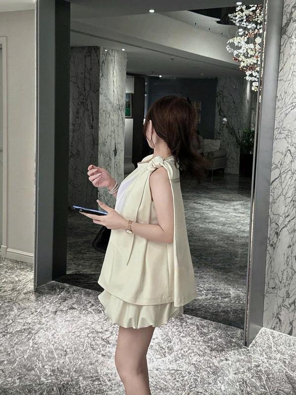 Set Áo Buộc Nơ Kèm Váy Bồng Cao Cấp - LIING Nữ Women Kem 3