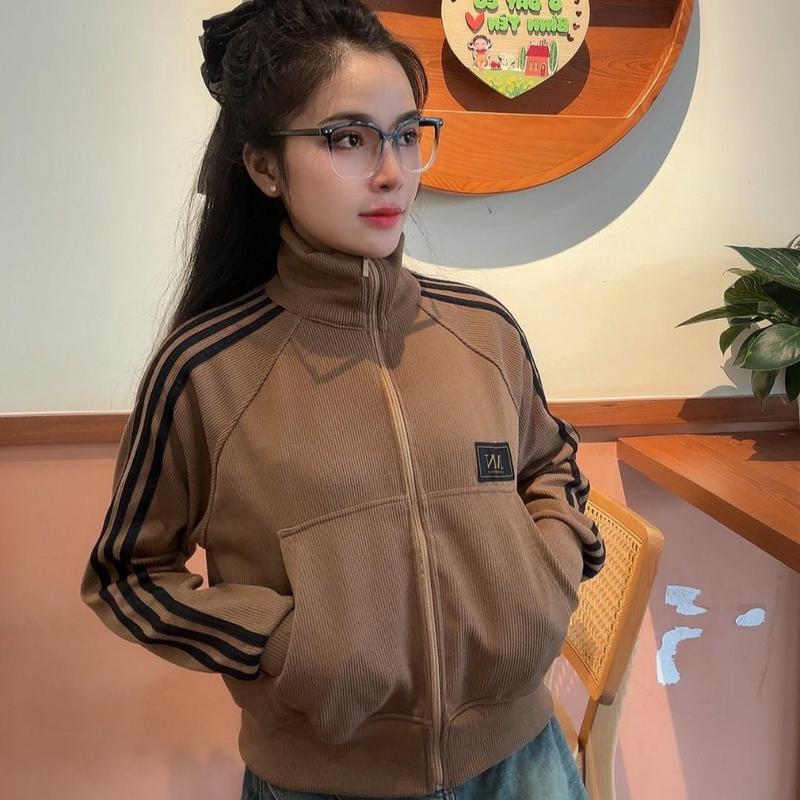 Áo Khoác Nữ Cổ Trụ Nhung Tăm Len Viền Chạy Sọc Cổ Trụ 5 Túi Top Women Jacket Chống Nắng Thoải Mái Freesize