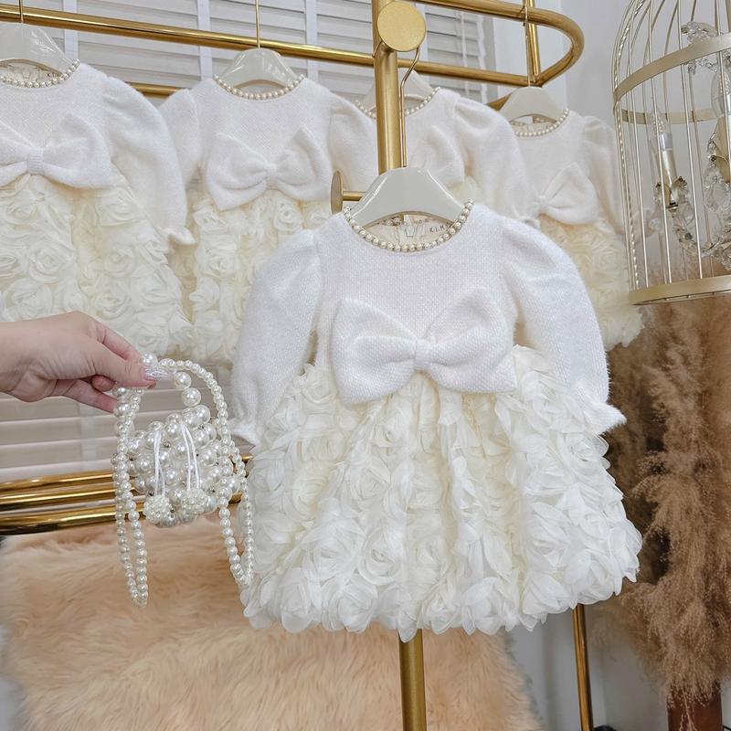 Váy len Dạ thỏ tùng hoa trắng cổ đính ngọc 6-12kg