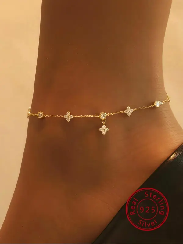 S925 Sterling Silver Anklet, Fashionable Rhinestone Decor Jewelry for Women & Girls, Trendy All-match & Exquisite Jewelry for Birthday Gift 0
