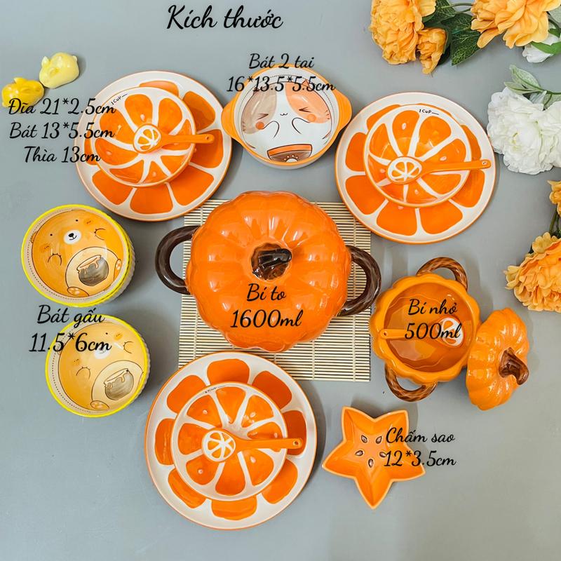 Bát Đĩa Gốm Sứ Decor, Bát Ăn Cơm, Bát Ăn Chè, Chén Dĩa Dễ Thương Bộ Bát Đĩa Sét Bát Đĩa Cam 16 Món 1