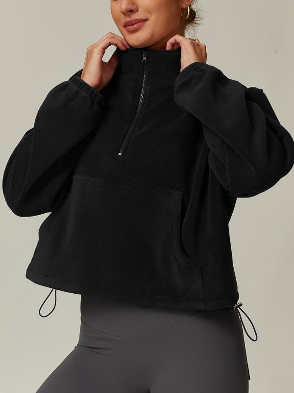 Women's Solid Zip Up Drop Shoulder Polar Fleece Sports Sweatshirt, Casual Long Sleeve Stand Collar Pocket Sports Top for Fall & Winter, Women's Sportswear for Outdoor Activities 0