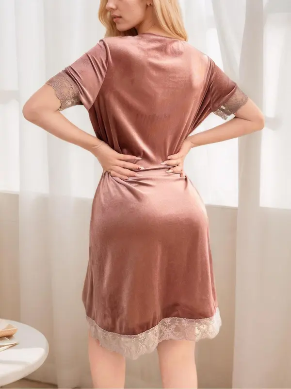 Women's Velvet V Neck Nightdress, Casual Soft Comfortable Short Sleeve Nightgown for All Seasons, Fashion Ladies' Sleepwear for Daily Wear 1