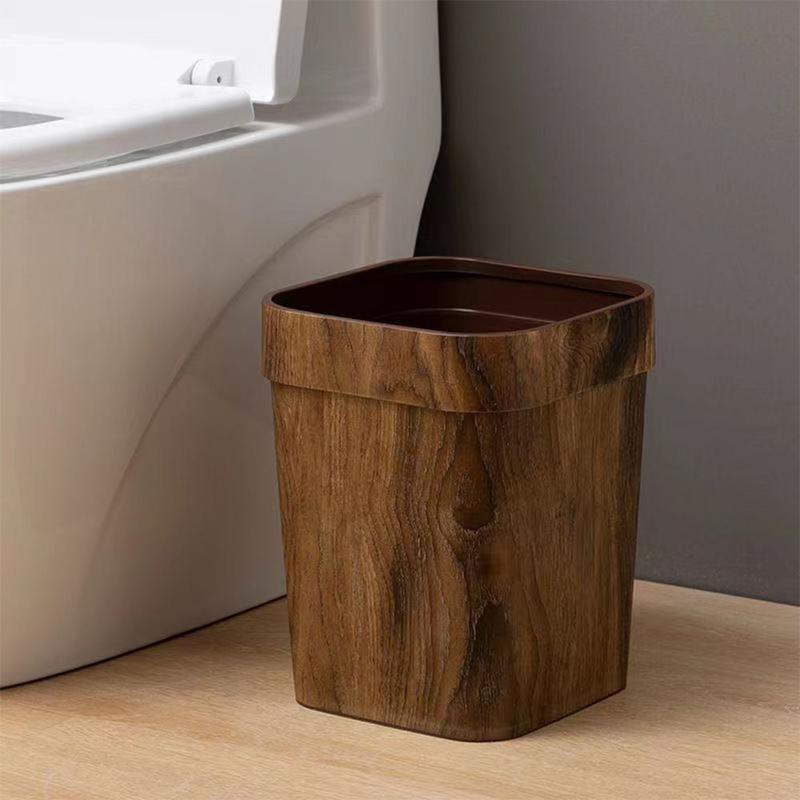 Product Introduction of Creativity Plastic Trash Can Square Mimetic Wood Grain Waste Bins Retro Lidless Toilet Paper Basket Office 9