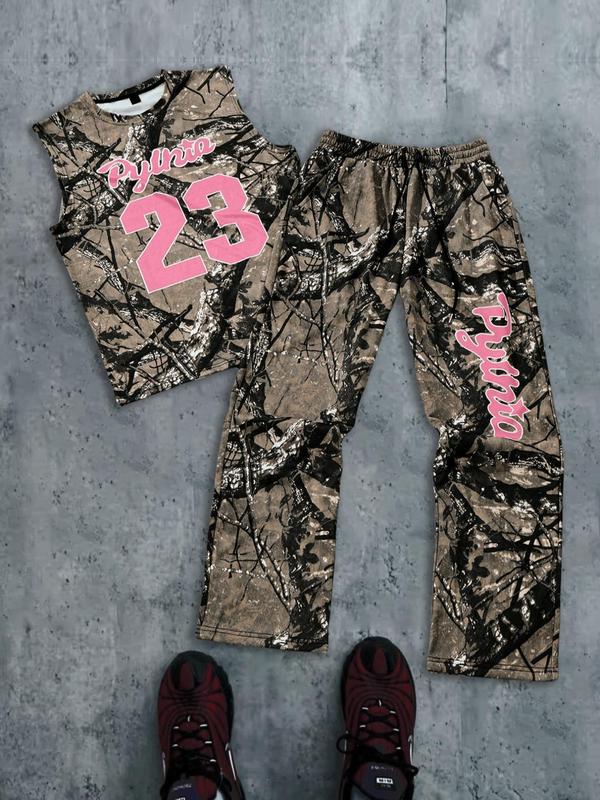 Men's Camo Letter Print Tank Top & Graphic Print Pants Two-piece Set, Loose Casual Fashion Breathable Two Piece Outfits for Daily Outdoor Wear, Men Clothes for All Seasons 0