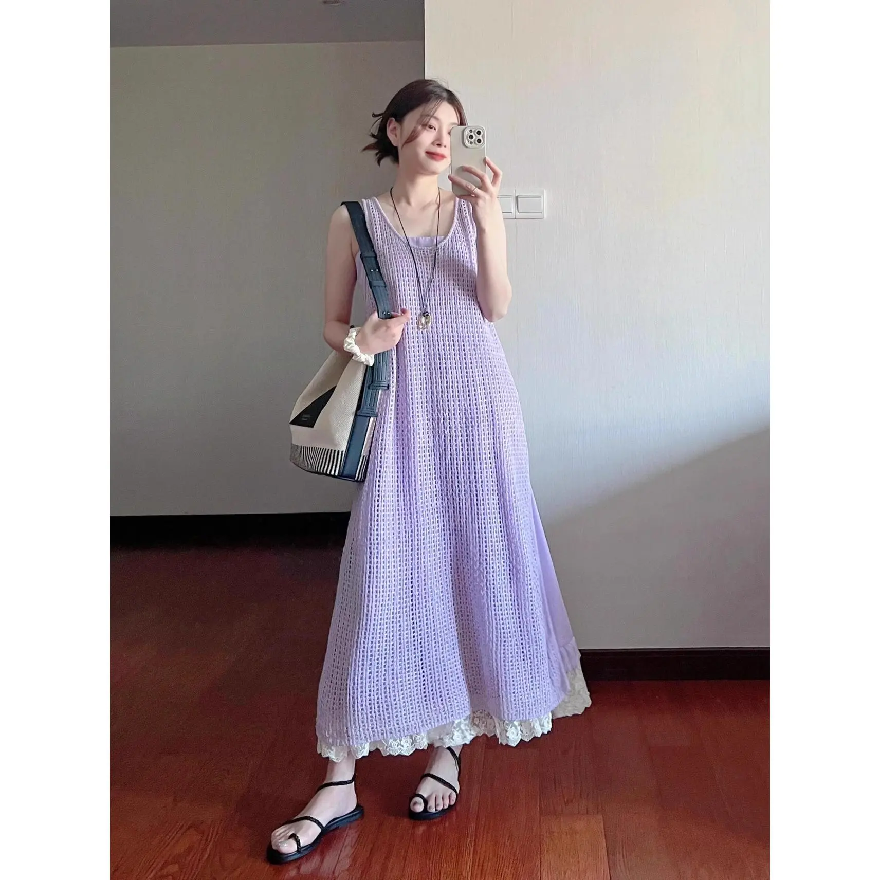 Váy Hai Dây Không Tay TT, Váy Mùa Hè Nữ, Dệt Kim Kiểu Pháp, Thiết Kế Độc Đáo Dáng Rộng Vừa Vặn, Phong Cách Nhẹ Nhàng, Váy Dài Women Dress Voi Voan