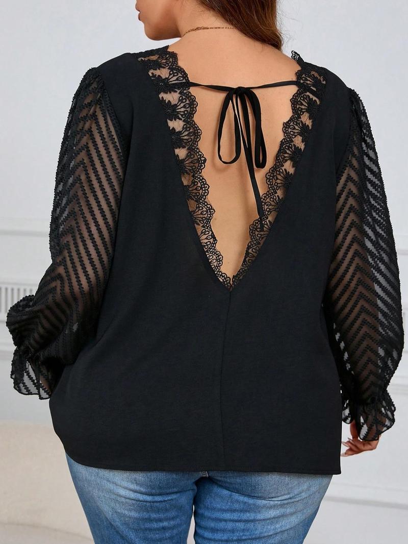 Product Introduction of 【Plus Size】 Contrast Lace Tie Back Flounce Sleeve Blouse, Casual V Neck Long Sleeve Top for Summer, Women's Plus Clothing for Daily Wear 3