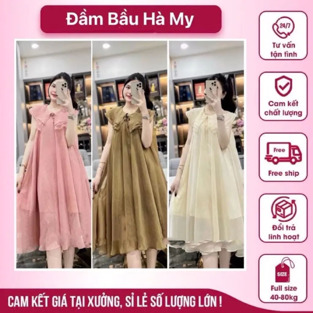 Váy bầu thiết kế cánh tiên cổ bèo 2 lớp vải voan lụa xinh xắn