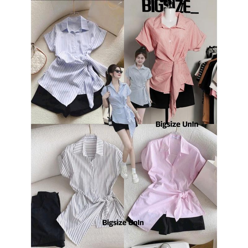 Set áo sơ mi sọc nút thắt nơ kèm quần short đen lưng thun form freesize - Un In Store Bs030 Nữ Women