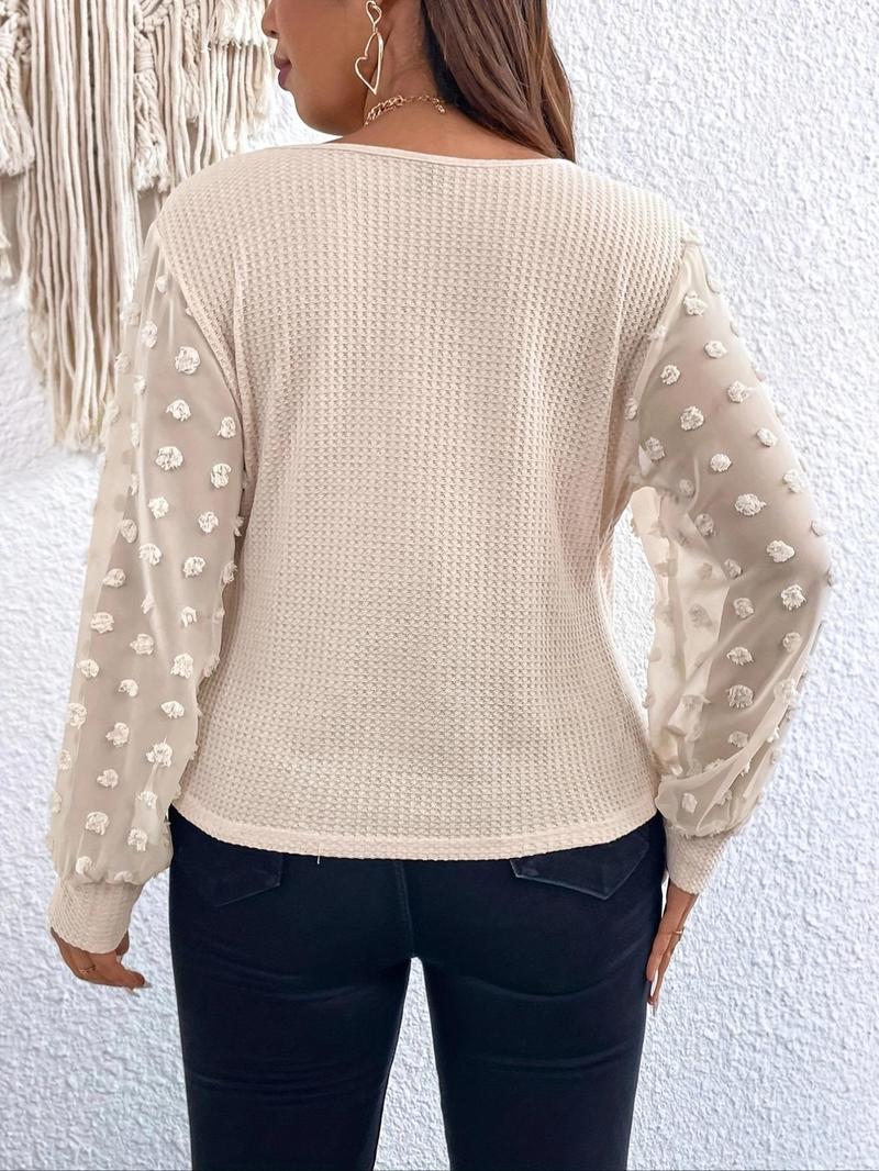 Product Introduction of Plus Swiss Dot Contrast Mesh Textured Bishop Sleeve Tee, Casual Deep V Neck Long Sleeve T-Shirt for Spring & Fall, Women's Plus Clothing for Daily Wear 7