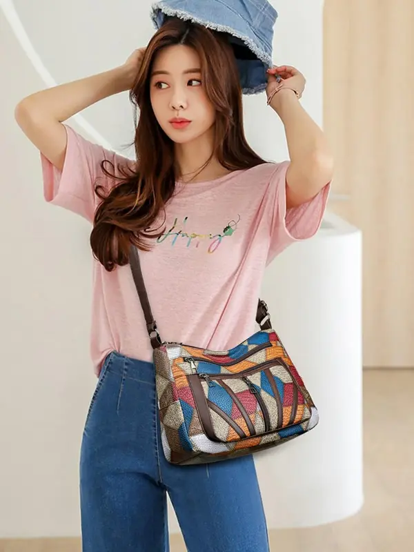 Women's Fashionable Patchwork Design Shoulder Bag, Casual Large Capacity Zipper Crossbody Bag for Work & Daily Used, Trendy Versatile Daily Commuting Bag 5