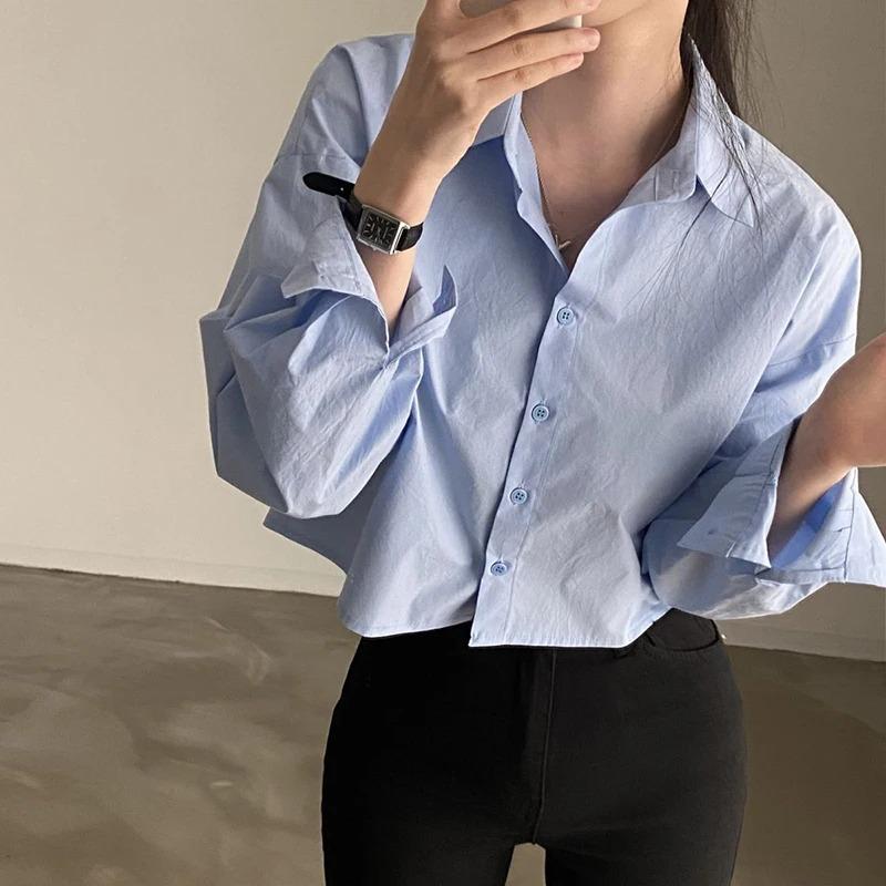 Product Introduction of Fashion Short Shirts Women Korean Chic Loose Solid Color Long Sleeve Crop Tops Female Casual Elegant Button Split Turn Down Collar Blouse 5