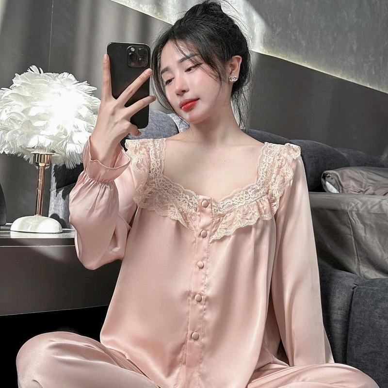 Bộ pijama lụa Bộ Ngủ Lụa Sang trọng chất liệu lụa tơ tằm ren cổ Cúc Bọc Dài tay mềm mượt Hàng Thu đông Dành cho nữ by Mộc bikini Women Áo Ngủ Nữ Quần Ngủ