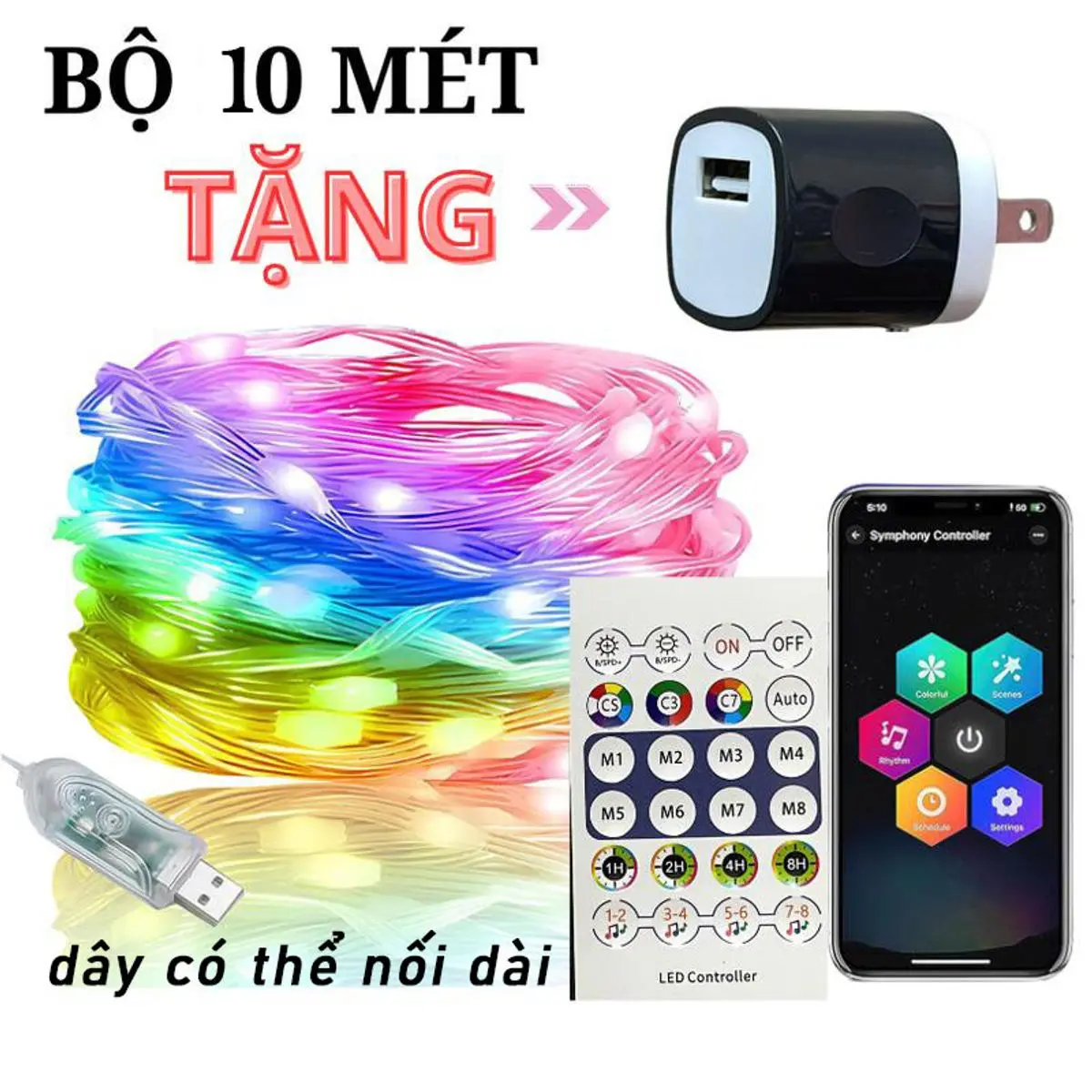 (Tặng Nguồn)Led đuổi 10 mét - nháy theo nhạc - 16 triệu màu điều khiển qua App và remote - chống nước