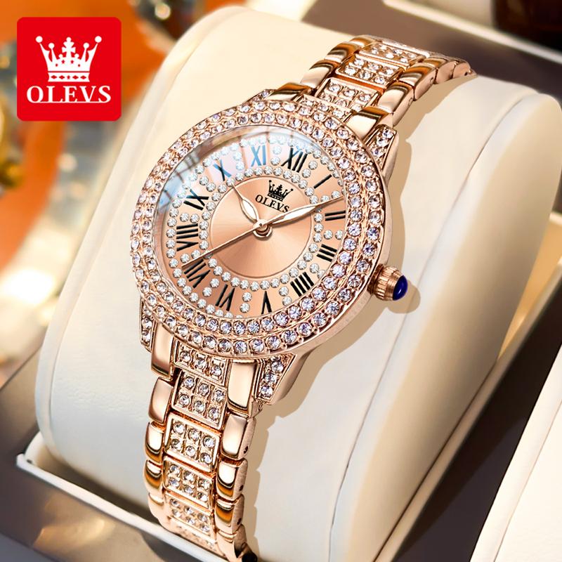  OLEVS Đồng Hồ Nữ Mặt Tròn Dây Kim Loại Đính Đá Phong Cách sang Chảnh 9943 Women Watch 
