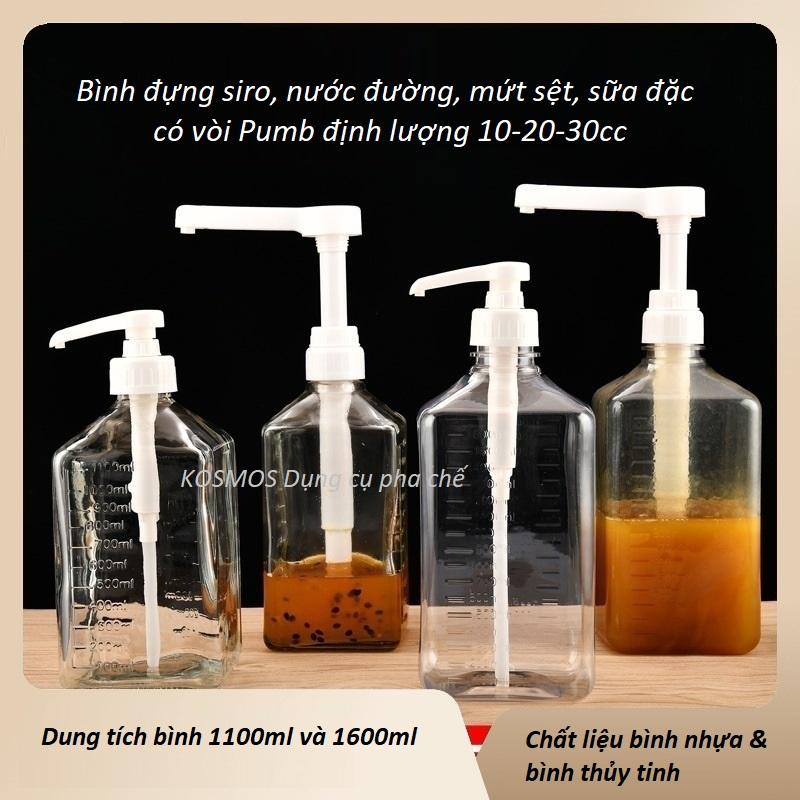 Bình bơm siro dung tích 1100ml và 1600ml kèm vòi pump 1 lần 10ml/20ml/30ml (chất liệu bình thủy tinh và nhựa mica) Đựng Gia Vị Đựng Đồ Ăn