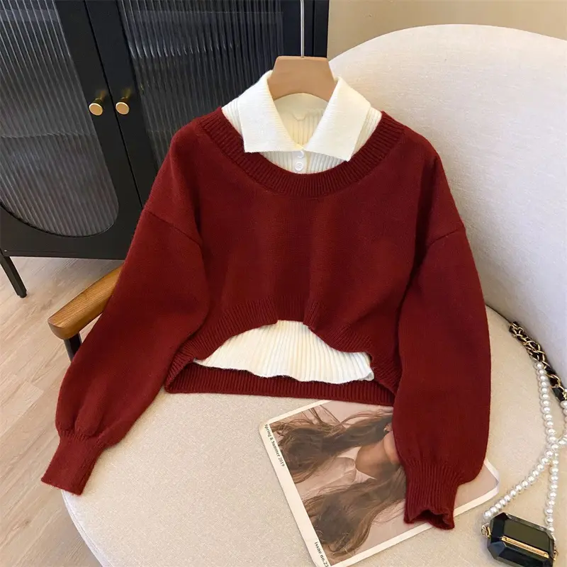Bộ Đồ Hai Mảnh Lười Biếng, Áo Len Và Cổ Polo, Phong Cách Preppy Trông Trẻ Trung, Dệt Kim, Thiết Kế Đặc Biệt, Thích Hợp Cho Mùa Thu Và Mùa Đông, Bộ Sưu Tập Năm 2025 Nữ Women Top Màu Đỏ 8