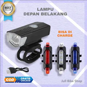 Paket lampu depan dan belakang led sepeda charge rechargeable merah biru terang senter cas lipat mtb anak fixie bmx usb