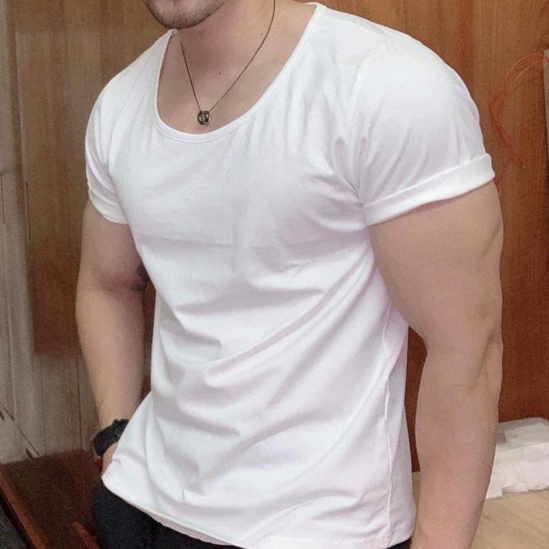  Áo Ngắn tay body cổ tròn rộng Cotton cao cấp Nam Menswear 