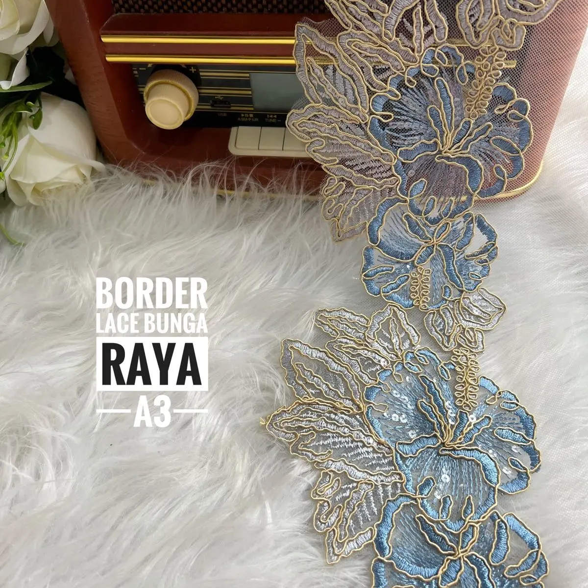 Border Lace Bunga Raya berkelip Fabrics Kain