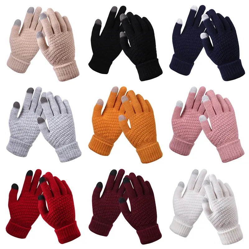 Sarung Tangan Skrin Sentuh, Musim Sejuk, Untuk Wanita dan Lelaki, Sarung Tangan Kaitan Regangan Hangat, Bulu Tiruan, Jari Penuh, Guantes, Sarung Tangan Mengait, Tebal, Luvas