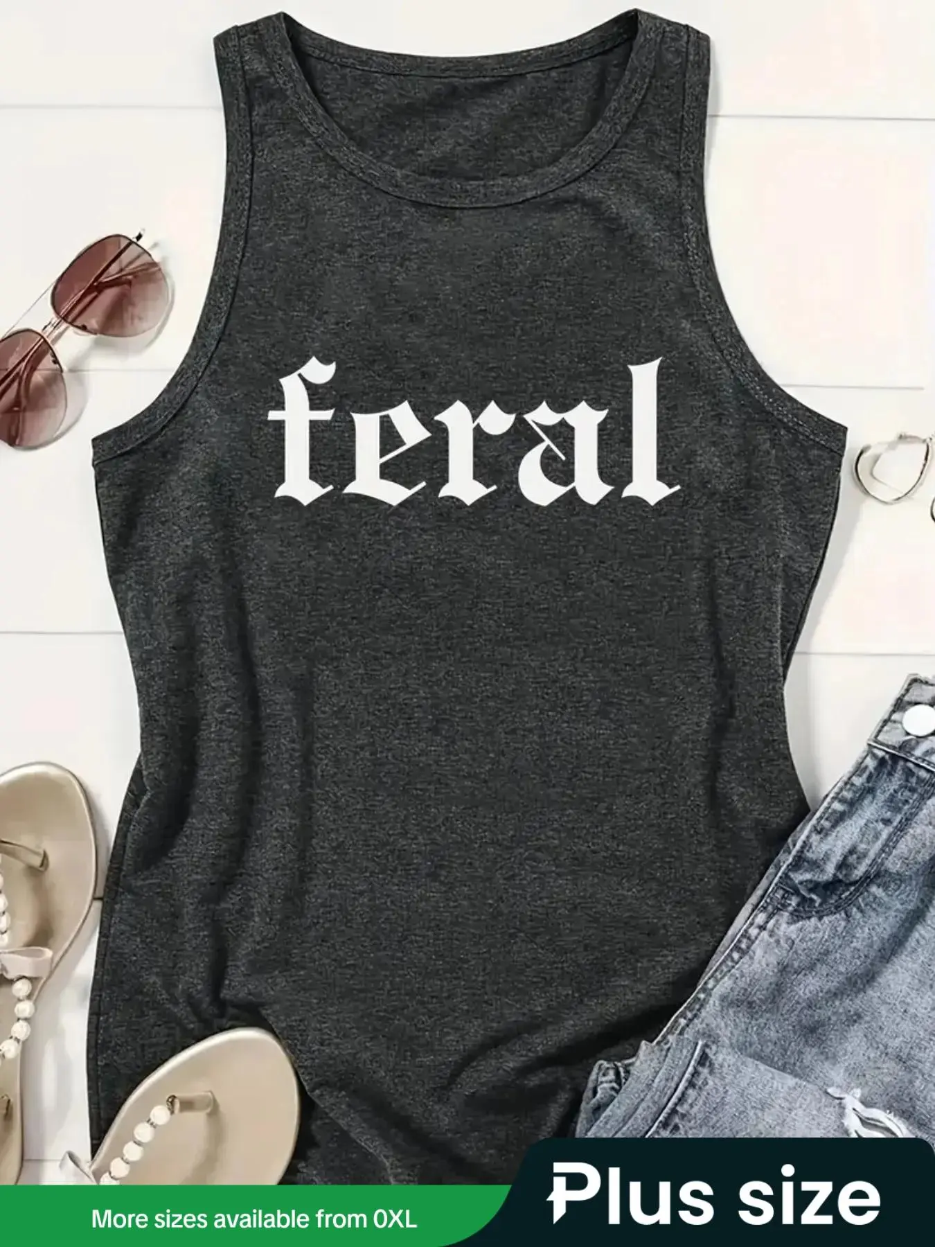 【Plus Size】 Plain Feral Letter Print Tank Top, Casual Sleeveless Top for Daily Wear, Women's Plus Clothing for All Seasons