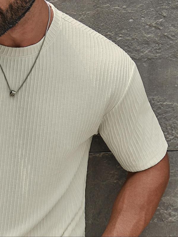 Two-Piece Set Men's Solid Color Ribbed Two-Piece Set, Regular Fit Casual Round Neck Tee & Pocket Tie Front Shorts, Men Outfits for All Seasons Daily Wear 4
