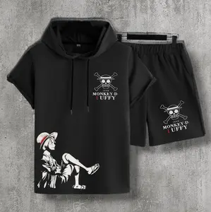 setelan hodie terbaru Luffy Monkey / setelan hodie pria wanita distro Lengan pendek Lengan pendek Katun Hoodie Celana