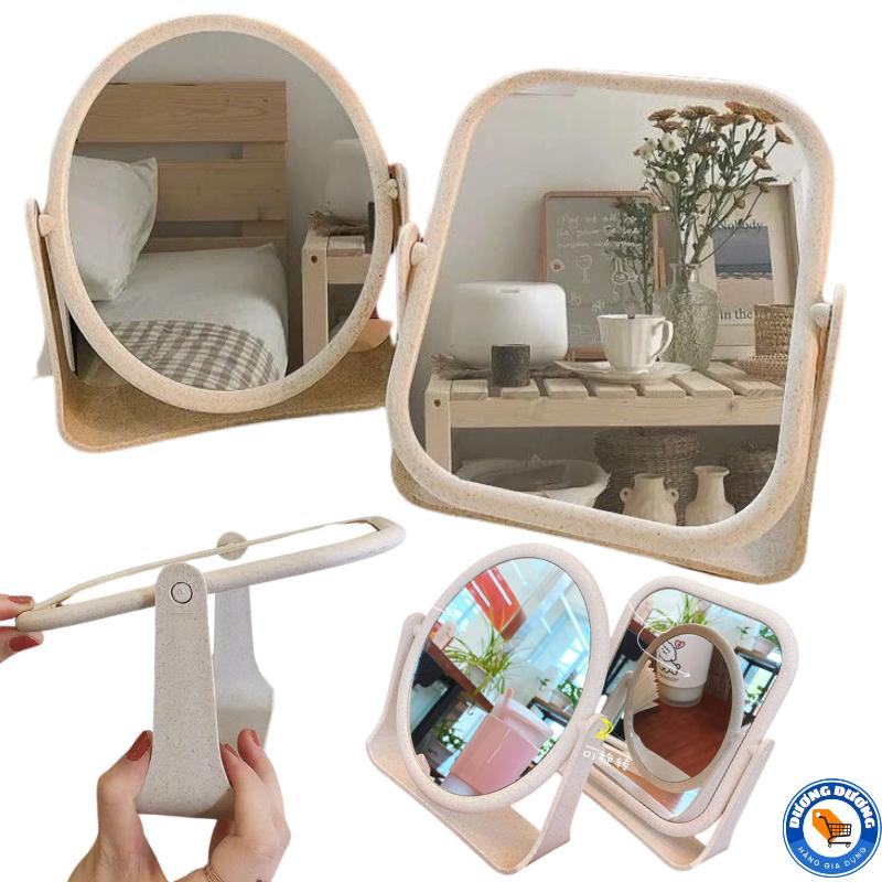 Gương Soi Để Bàn Tiện Dụng - Gương Trang Điểm Lúa Mạch Cao Cấp Xoay 360 Độ Nhỏ Gọn Xinh Xắn - Kiếng Soi Decor Để Bàn Cosmetic Mỹ Phẩm