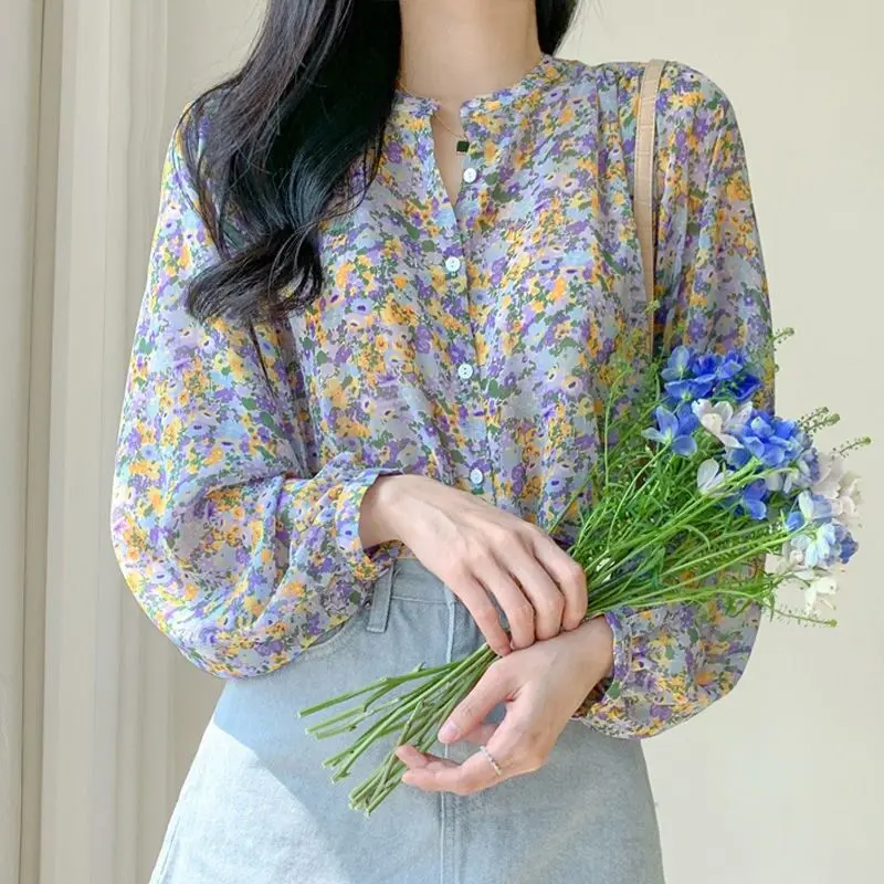 Áo Sơ Mi In Hoa Phong Cách Hàn Quốc Cho Nữ, Áo Cánh Dài Tay Thường Ngày