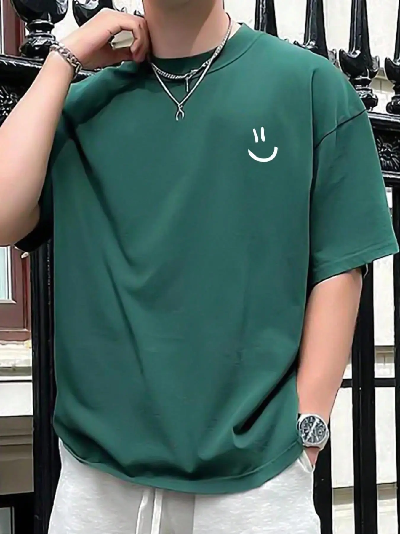 Men's Regular Fit Cartoon Face Print Drop Shoulder Tee, Casual Half Sleeve Round Neck T-shirt for Summer, Fashion Men's Clothes for Daily Wear