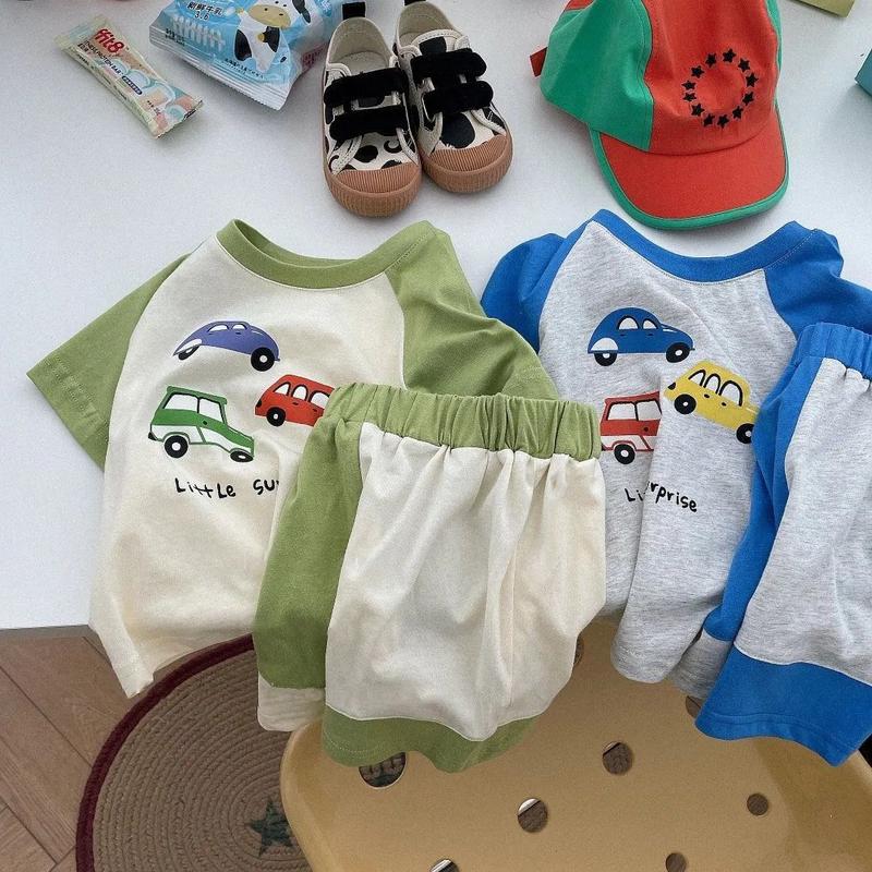 Bộ Đồ Cotton Mùa Hè Cho Trẻ Em, Bộ Sưu Tập Mới 2024, In Hình Hoạt Hình, Ngắn Tay, Cho Bé Trai Và Bé Gái, Quần Đùi Màu Tương Phản, Bộ Hai Mảnh 0