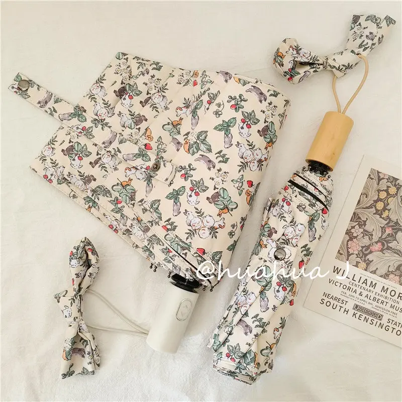 Cream Rabbit Umbrella Umbrella Women's Automatic Folding Forest P Cream Rabbit Umbrella Female Automatic Folding Mori Style Sun Umbrella Sunny and Rainy Dual-Use Vinyl Sun Protective Sun Umbrella Girl Heart 8.28