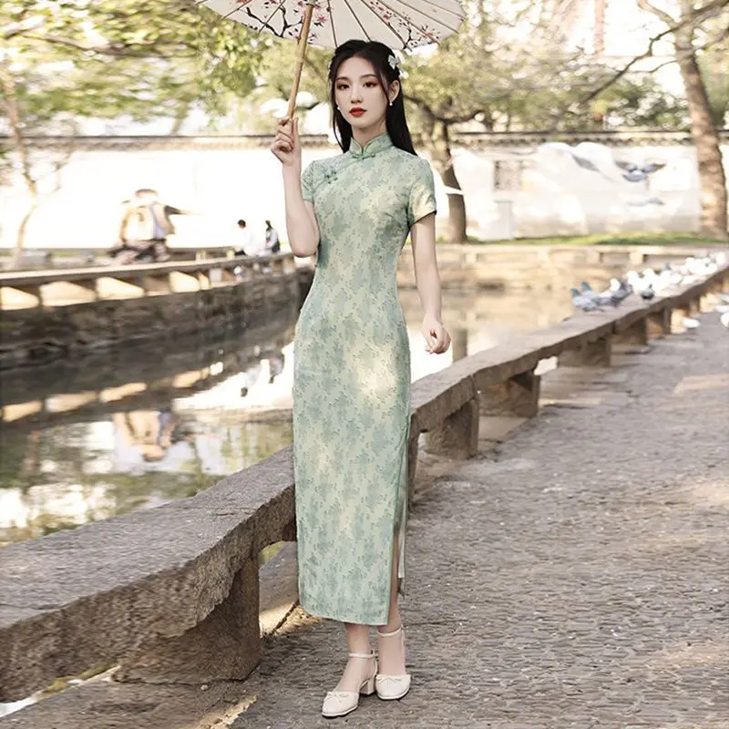Váy Sườn Xám Cải Tiến Cho Nữ, Váy Dài In Họa Tiết, Thanh Lịch Và Trẻ Trung, Cho Bé Gái Women Dress Tre Khuy