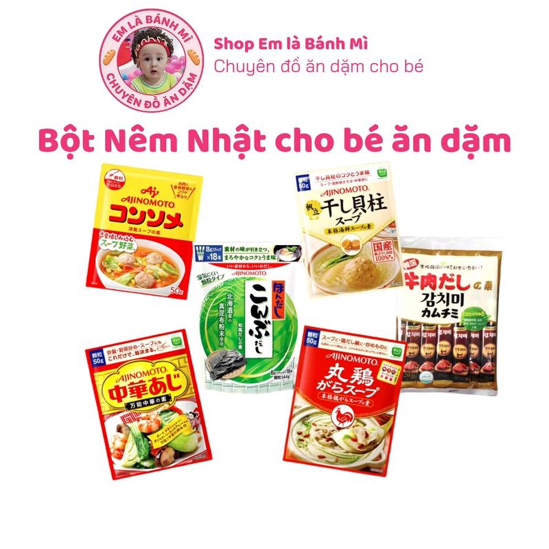 Bột Nêm Nhật các loại cho bé từ 6 tháng và 1 tuổi nêm tôm thịt Ajinomoto, nêm gà, tảo bẹ, rong biển, vị bò Daesang