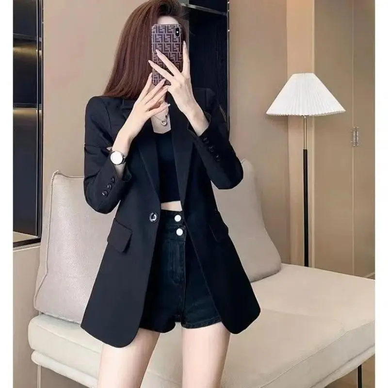 S-XXL Women Blazer Jacket Long Slim Single Button Spring Autumn Fashion Casual Elegant Business Formal Office Work Suit Black