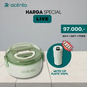 (BUY ONE GET ONE HARGA SPECIAL LIVE) Acento Lunch Box Bulat Plastik 800ml Free Water Cup Plastik PP5 550ml Untuk Bekal Sekolah Piknik Keluarga Wadah Nasi