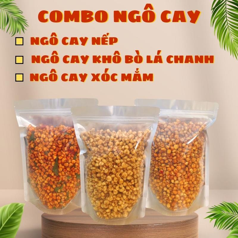 COMBO 1,5KG NGÔ CAY 3 hương vị: Ngô cay nếp - Ngô cay khô bò lá chanh - Ngô cay xóc mắm [ Minh Nguyệt Foods ] Ăn Vặt Thức Ăn Snack