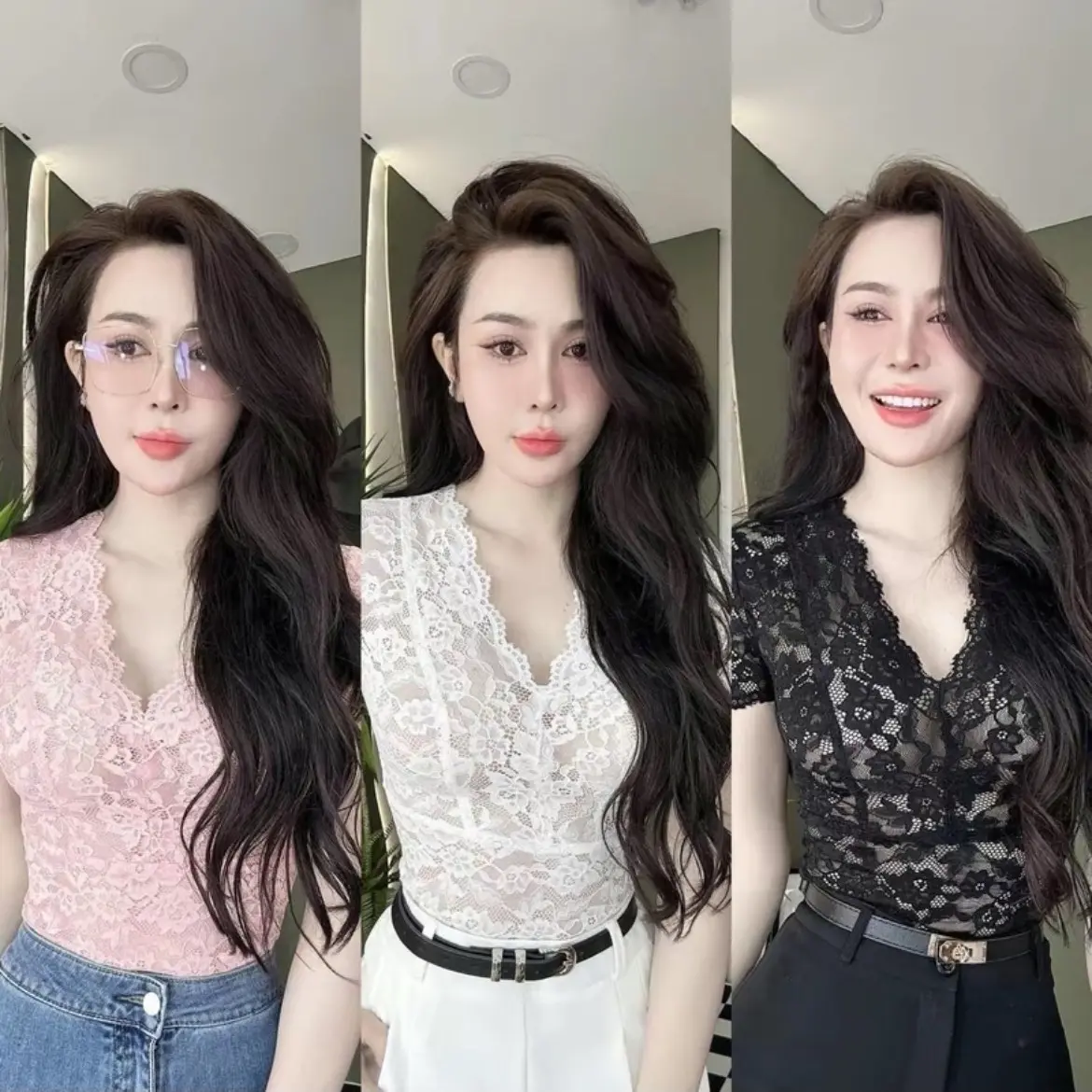 Áo ren cổ tim tay ngắn, chất ren mỏng,mềm mại from ôm tôn dáng. From nhỏ 53kg đổ lại