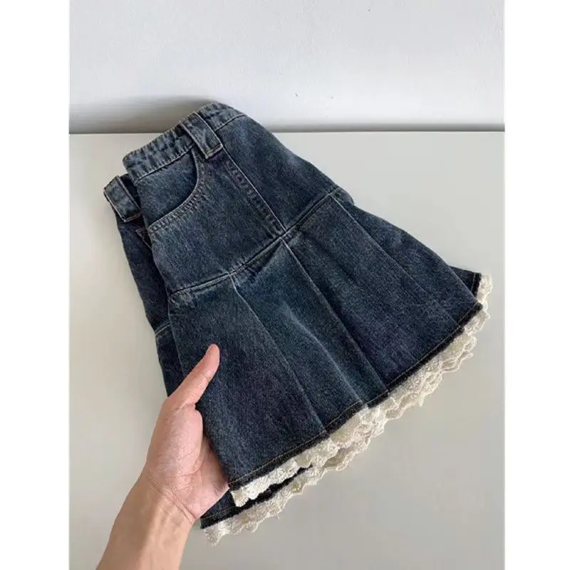 Chân Váy Denim Xếp Ly Ren Ngọt Ngào Hàng Mới Về Mùa Hè, Dành Cho Nữ, Cạp Cao, Chữ A Mỏng Vừa Vặn, Chống Lộ, Phong Cách 2024 0