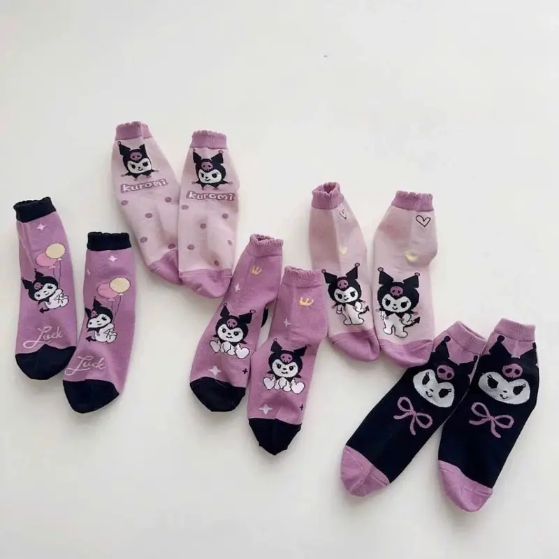 Set 5 Đôi Tất Cao Cổ Cho Bé Gái Họa Tiết Kuromi Tím Đậm Mẫu Mới Phong Cách Nhật Siêu Hot Te33 6