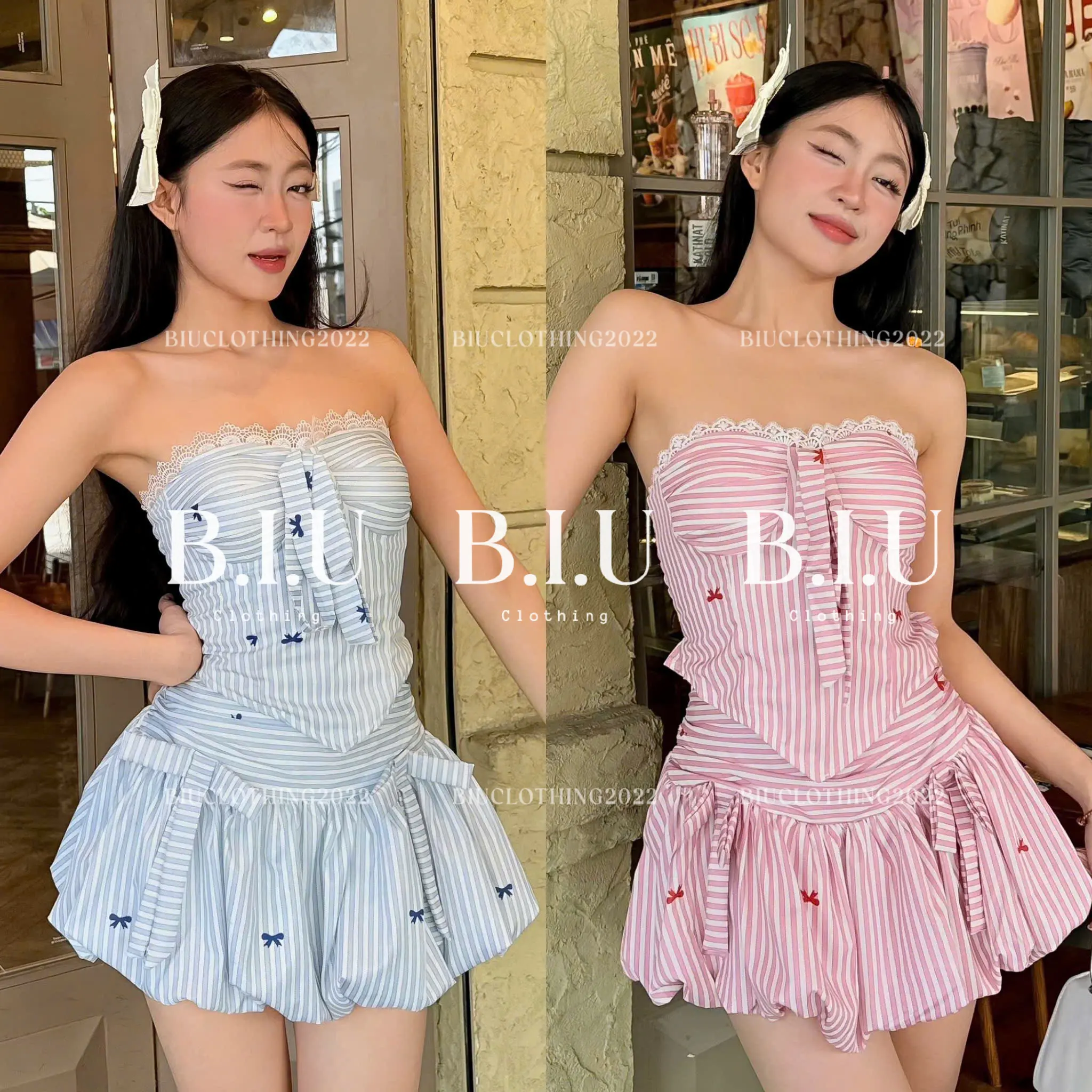 Set áo quây cúp đính nơ chân váy nhún eo dáng bí kẻ sọc nơ nhí siêu xinh đáng yêu Kevi Set Biu Clothing BB0455