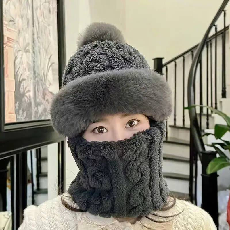 Set Mũ Len Trùm Đầu Viền Lông Kèm Khăn Ống Quàng Cổ Giữ Ấm Mùa Đông Cho Nam Nữ Cao Su 6